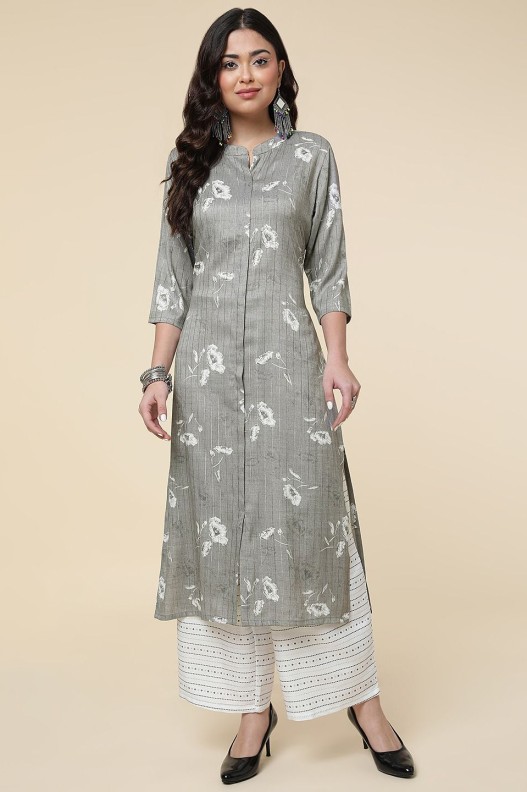Women Straight Viscose Zari Lining Printed Kurta with plazzo